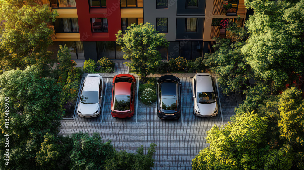 Picture of An overhead view of a modern residential complex with multiple EVs ...