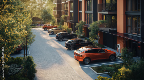 An overhead view of a modern residential complex with multiple EVs charging in designated eco-friendly parking spaces photo