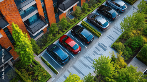 An overhead view of a modern residential complex with multiple EVs charging in designated eco-friendly parking spaces photo