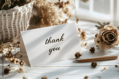 Elegant Thank You Card with Dried Rose and Wooden Pen on Rustic Table.