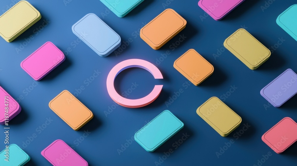 Colorful geometric shapes arranged with a pink circular element in the center. Colorful geometric shapes arranged with a pink circular element in the center.