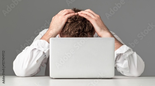 Frustrated man seated at desk with laptop home office stressful situation minimalistic environment close-up view work pressure