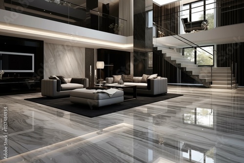 Interior design of minimalist living room and spacious luxurious floor with premium patterns, modern tiles, and an open hall with minimal furniture, showcasing an elegant and contemporary aesthetic