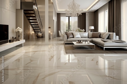 Interior design of minimalist living room and spacious luxurious floor with premium patterns, modern tiles, and an open hall with minimal furniture, showcasing an elegant and contemporary aesthetic