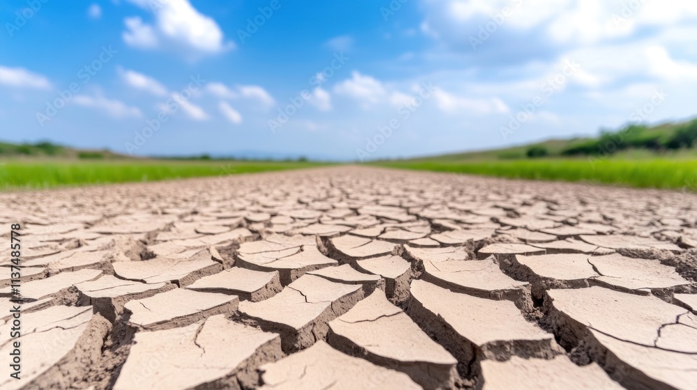 A cracked earth landscape under a blue sky with scattered clouds. A cracked earth landscape under a blue sky with scattered clouds.