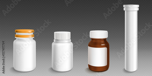 Medical containers mockup set. 3d vector plastic supplement jars with different caps and tall tube vessel. White and amber pharmaceutical packaging with lid and blank label. Medicine bottle template.
