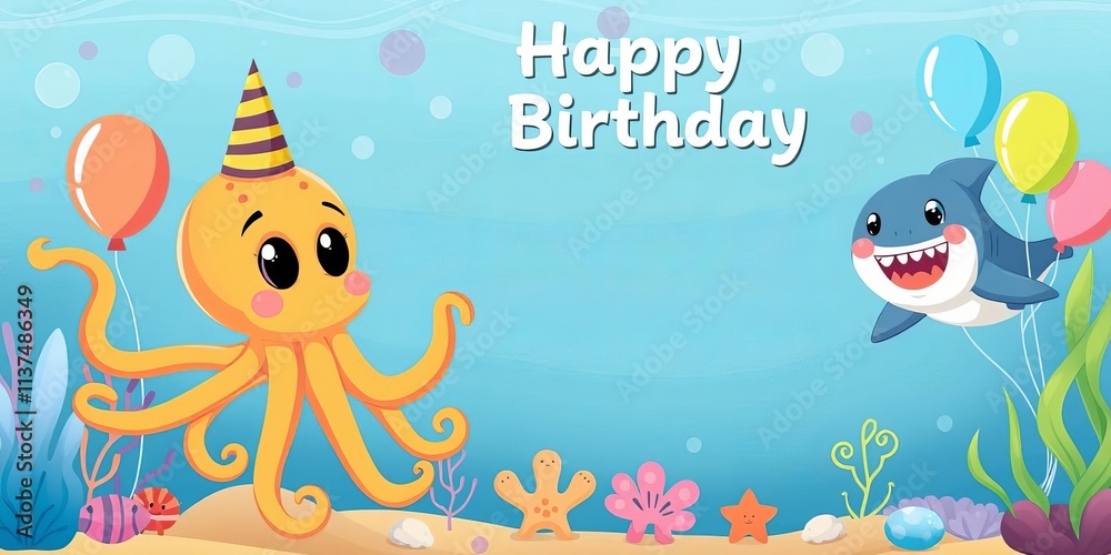 Fototapeta premium Illustrated baby shark party invitation card with underwater animals, octopus, balloons, colorful kids party poster template, ocean animals, invitation template