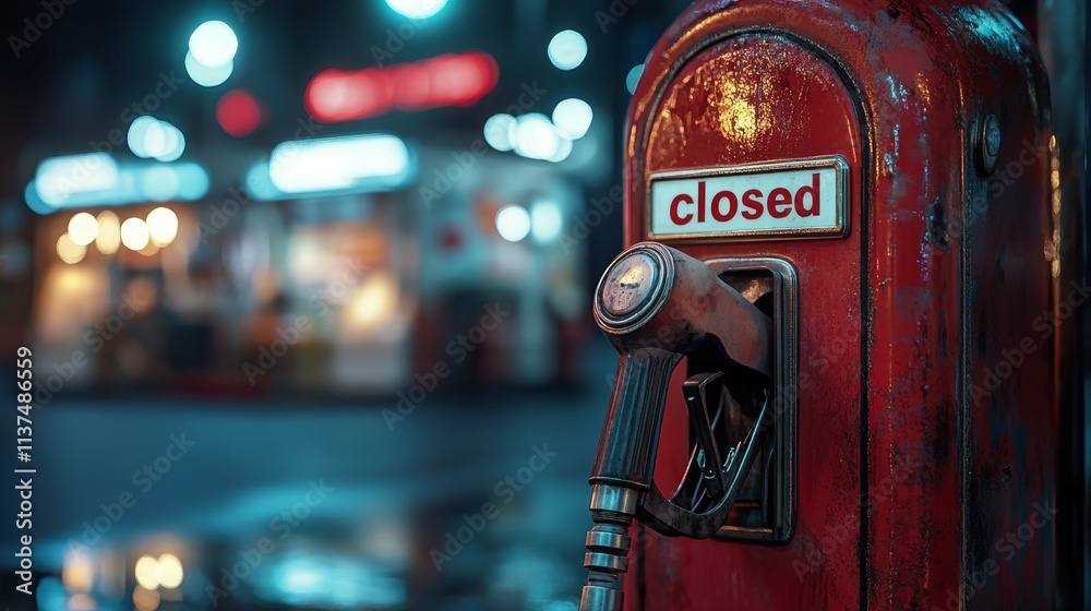 Fototapeta premium Closed vintage gas pump urban setting night photography reflective environment close-up view nostalgia concept