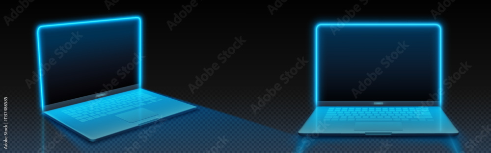 Front and side view laptop mockup with neon glowing edges on screen. Portable computer from different angles, highlighting with blue led lamp. futuristic tech pc design with bright light outline. Front and side view laptop mockup with neon glowing edges on screen. Portable computer from different angles, highlighting with blue led lamp. futuristic tech pc design with bright light outline.