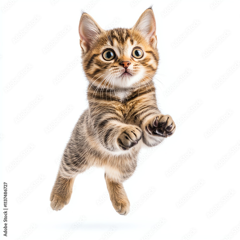 Obraz premium A playful kitten leaps joyfully, showcasing its energetic and adorable nature against a clean, white background.