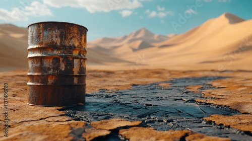 Oil spill disaster in desert landscape environmental impact dramatic scene outdoor setting wide view climate change awareness