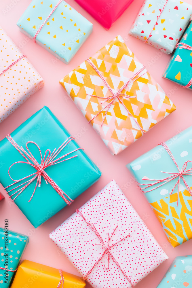 Obraz premium Colorful gift boxes arranged on pink background create festive atmosphere. vibrant patterns and cheerful colors evoke feelings of joy and celebration, perfect for any occasion