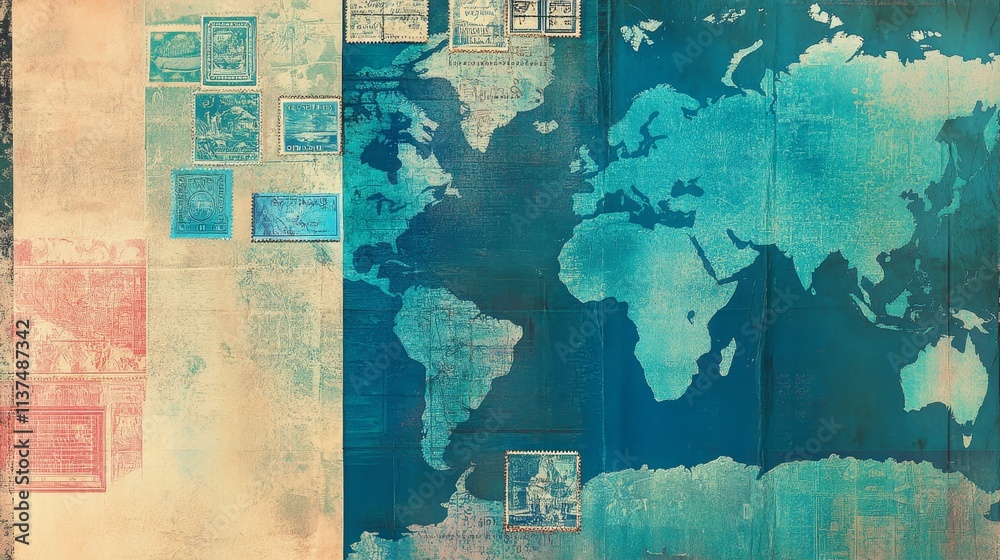 Fototapeta premium A stylized world map with vintage overlays and a textured background.