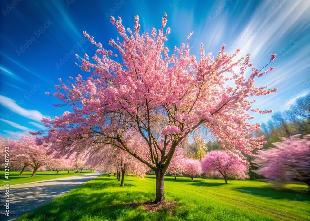 Enchanting Long Exposure of a Blooming Cherry Tree in Spring with Soft Pink Petals and Dreamy Background, Capturing Nature's Beauty in a Serene Moment Under a Clear Sky Enchanting Long Exposure of a Blooming Cherry Tree in Spring with Soft Pink Petals and Dreamy Background, Capturing Nature's Beauty in a Serene Moment Under a Clear Sky