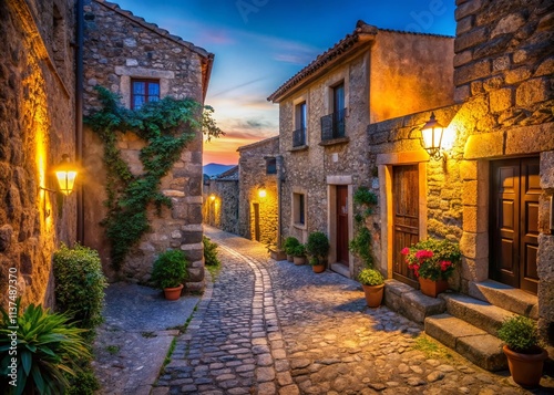 Enchanting Low Light Scene of a Cobblestone Street in Tempio Pausania, Sardinia, Showcasing Stone-Faced Houses Under a Twilight Sky