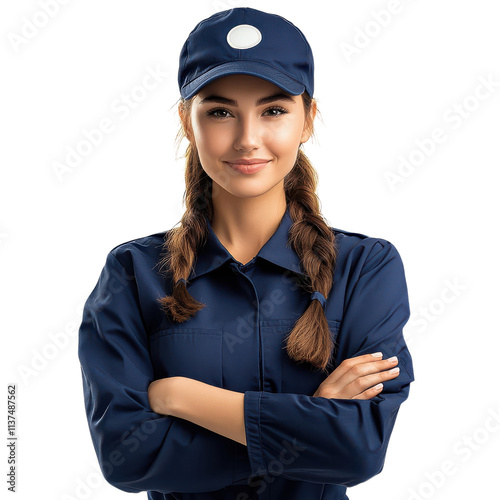 Confident Woman Mail Carrier with Arms Crossed Transparent PNG Background