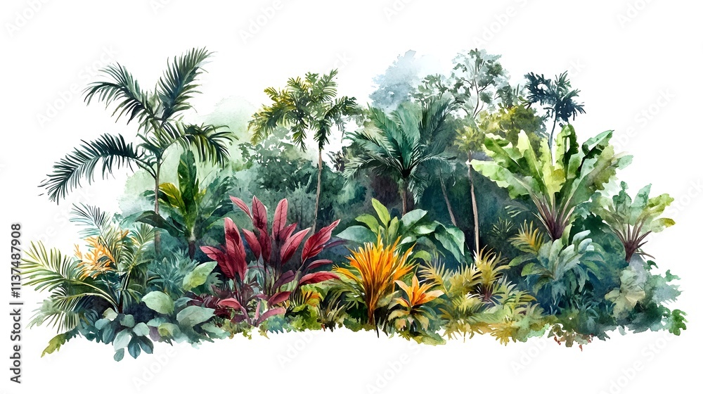 Lush Tropical Jungle Scene with Colorful Foliage, Exotic Plants, and Vibrant Greenery Perfect for Nature Illustrations and Botanical Art Lush Tropical Jungle Scene with Colorful Foliage, Exotic Plants, and Vibrant Greenery Perfect for Nature Illustrations and Botanical Art