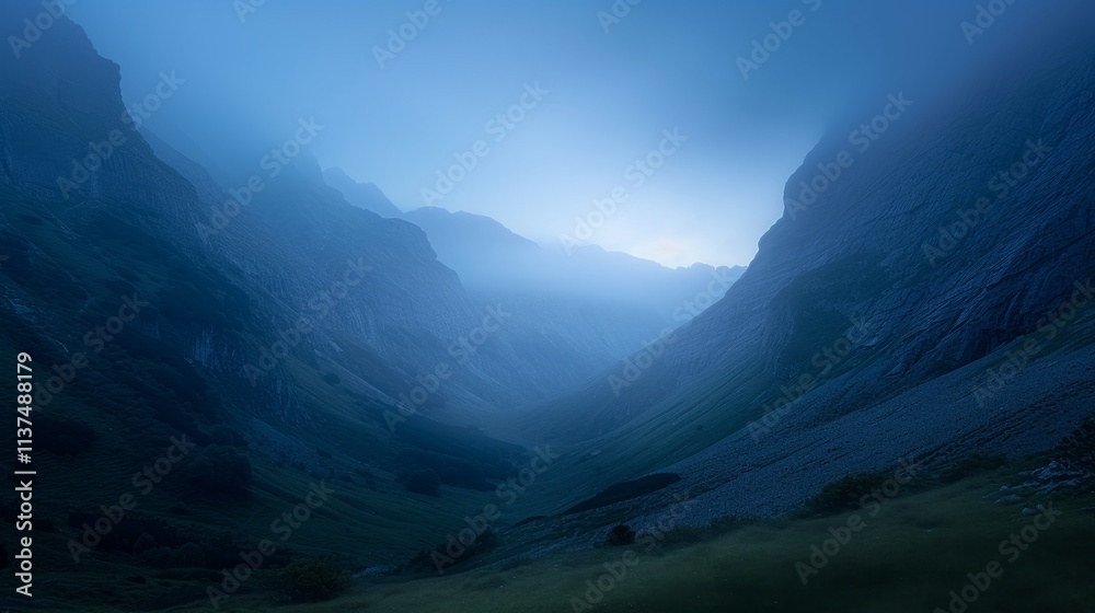 Obraz premium Mysterious foggy landscape mountain valley nature photography serene environment wide-angle view tranquil atmosphere