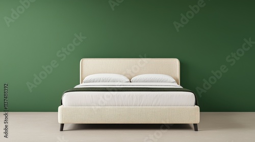 Modern bed with neutral bedding against a green wall.