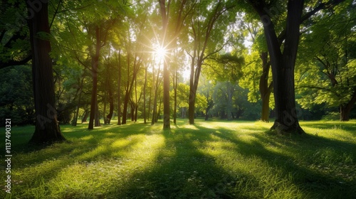 Sunlight filtering through trees forest nature photography serene environment ground-level view relaxation concept