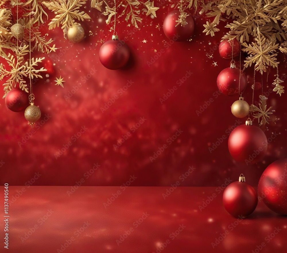 Festive red and gold background with snowflakes and Christmas ornaments, banner, festive, Christmas