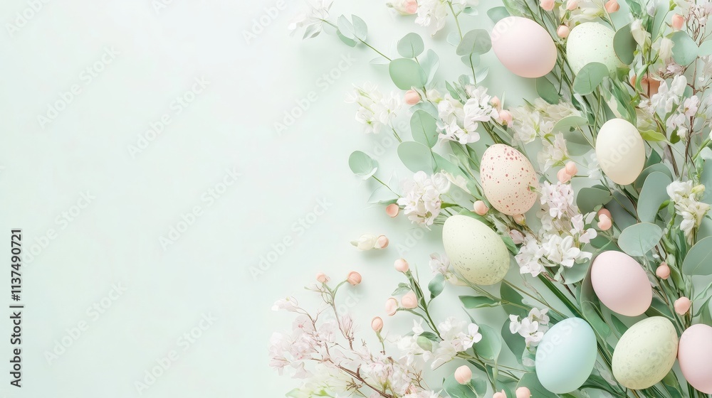 A lovely composition with willow branches and painted eggs among eucalyptus, celebrating the Easter spirit A lovely composition with willow branches and painted eggs among eucalyptus, celebrating the Easter spirit