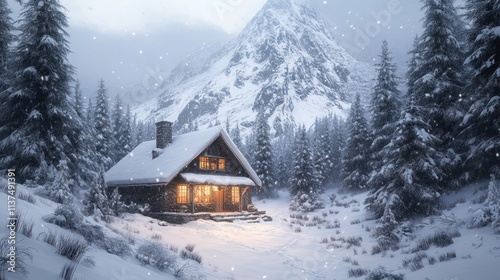 Cozy cabin in snowy mountain landscape