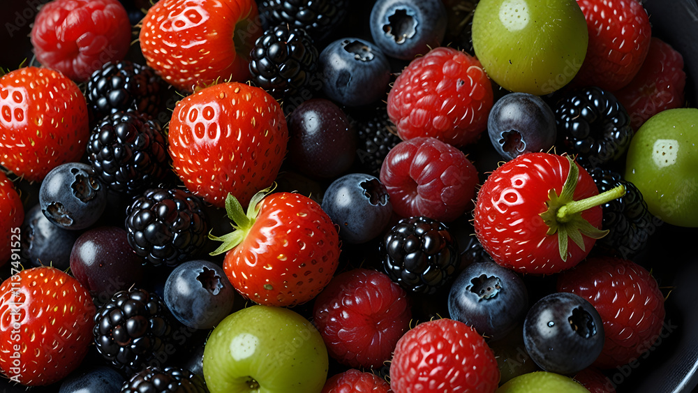 Fresh strawberry, blackberry, gooseberry, raspberry and blueberry in black bowl with on a gray background. Place for text. Closeup. Fresh strawberry, blackberry, gooseberry, raspberry and blueberry in black bowl with on a gray background. Place for text. Closeup.