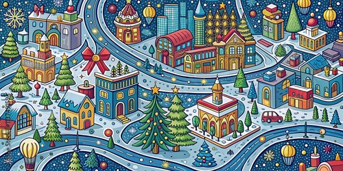 Festive City Map Christmas Line Art Illustration, Holiday Cityscape, Christmas Town Map Design
