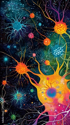 1. An intricate illustration of the human nervous system, showing neurons and synapses in vibrant colors