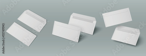 White open and closed blank letter envelop mockup. 3d realistic design of paper mail mock up. Isolated stationery for document or standard message. Long size office postal bill package illustration