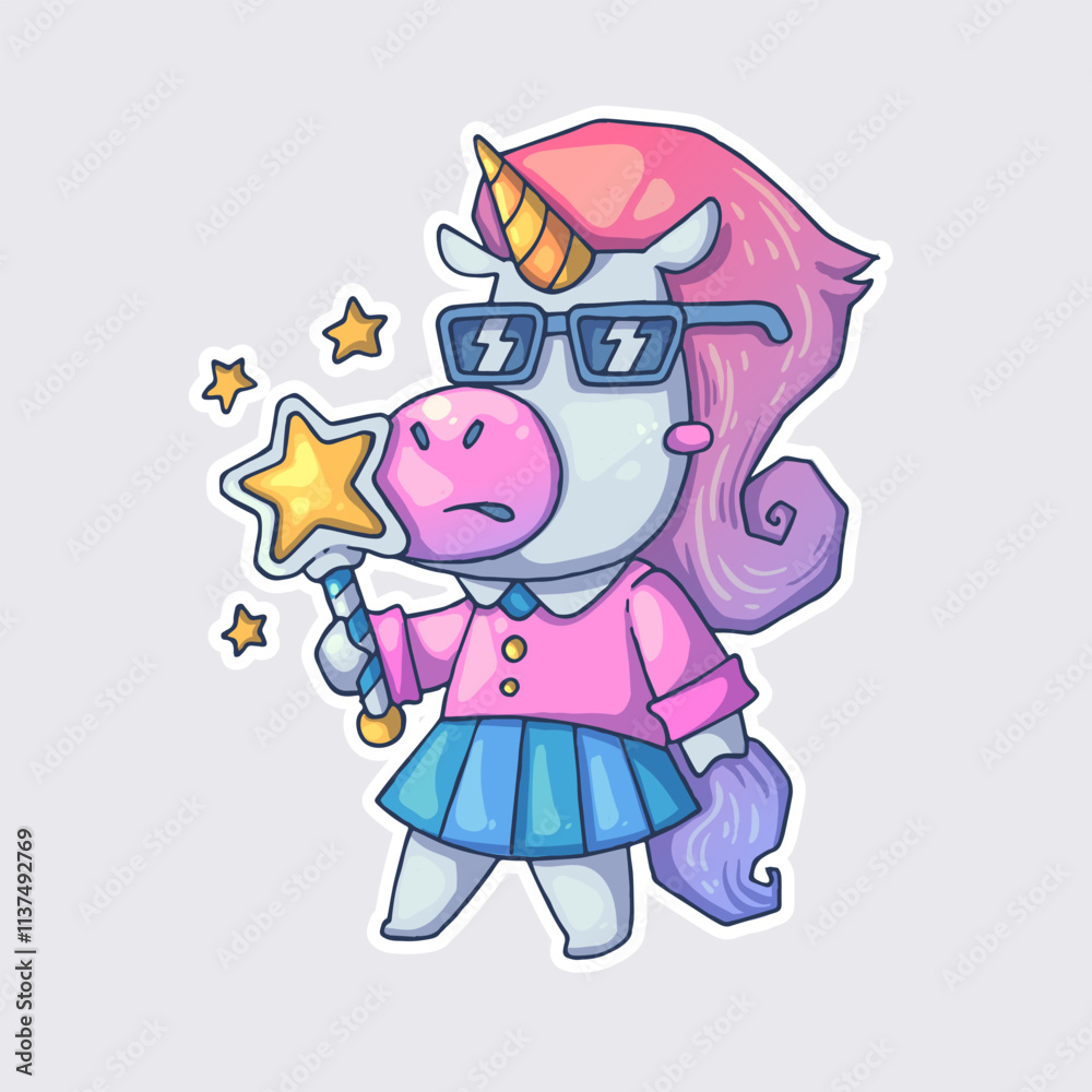 A funny unicorn with a magic wand. Cartoon vector character. Trendy style. Vector illustration. A funny unicorn with a magic wand. Cartoon vector character. Trendy style. Vector illustration.