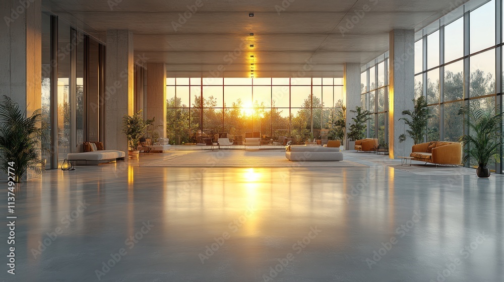 Modern interior space with large windows and sunset light, featuring plants and seating. Modern interior space with large windows and sunset light, featuring plants and seating.