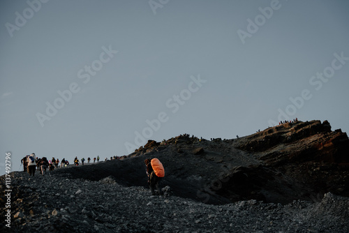 Crowds of hikers on Mount Rinjani on the island of Lombok in Indonesia