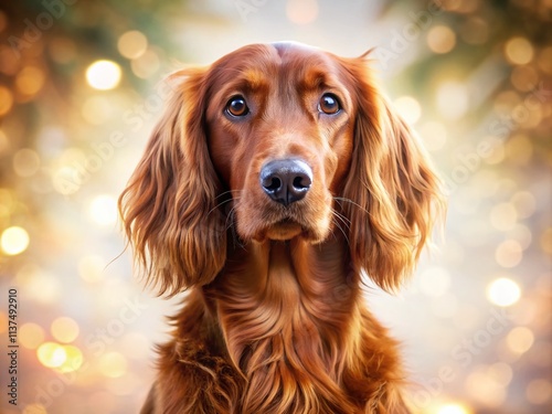 Flat Design Irish Setter Dog, Bokeh Background, White, Pet Portrait, Canine Illustration, Cute Puppy, Dog Breed, Irish Setter Image,  Animal Art, Digital Painting,  Graphic Design,  Pet Illustration photo