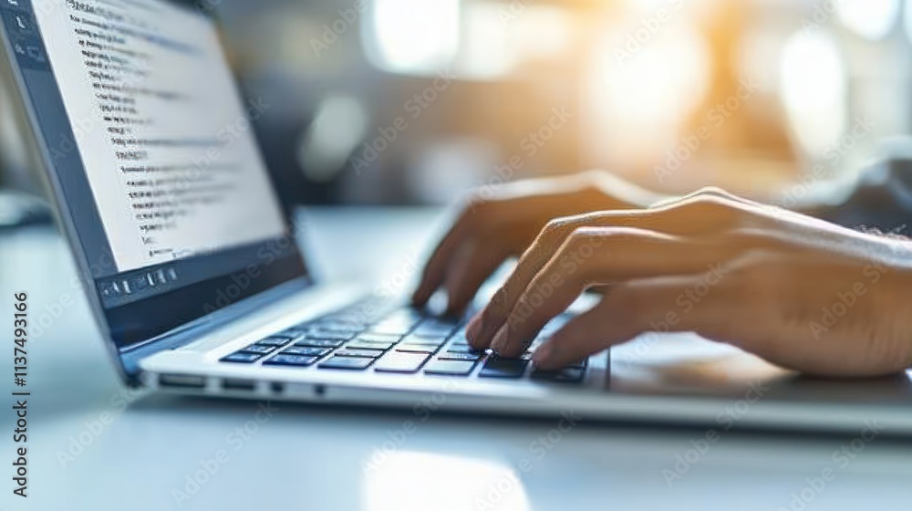 Close-up of hands typing on laptop with code on screen. Close-up of hands typing on laptop with code on screen.