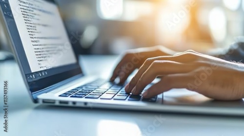 Close-up of hands typing on laptop with code on screen.