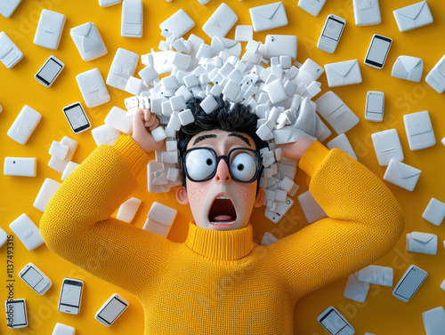 A person overwhelmed by technology and communication devices. Cyberbullying on social media.