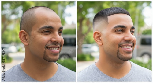 Male hair transformation highlighting buzz cut and fade styles in outdoor setting