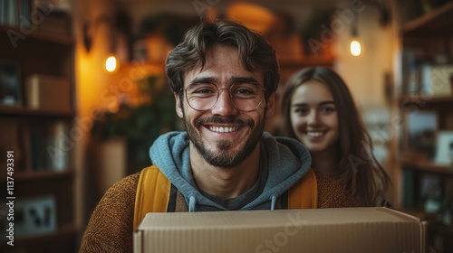 Smiling man carrying a cardboard box with a member of family in the background, both unpacking or moving into a new home , new dormitory, new apartment, new environment. 