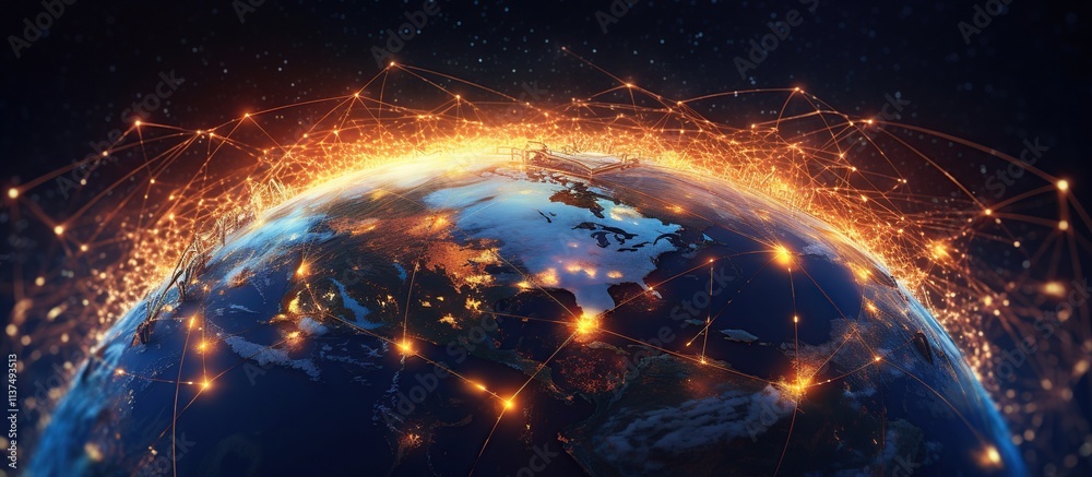 Obraz premium Global Network Connection with Bright Lights Over Planet Earth