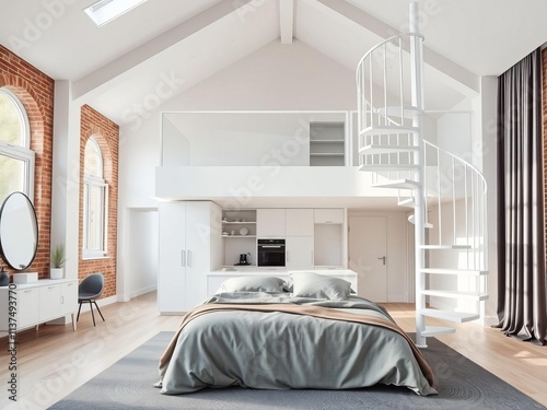 Minimalist open space white kitchen with mezzanine and modern spiral staircase loft with bedroom concept interior design background architect designer idea, minimalist, interior design