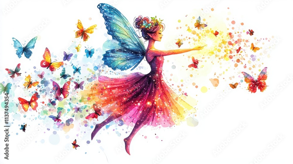 Obraz premium A vibrant fairy surrounded by colorful butterflies, embodying magic and enchantment in a whimsical art style.