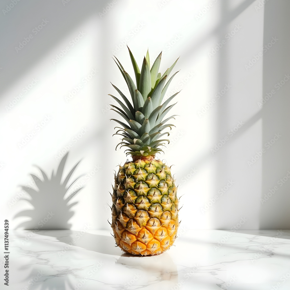 Fresh Ripe Pineapple on White Marble Surface with Light Shadows Fresh Ripe Pineapple on White Marble Surface with Light Shadows