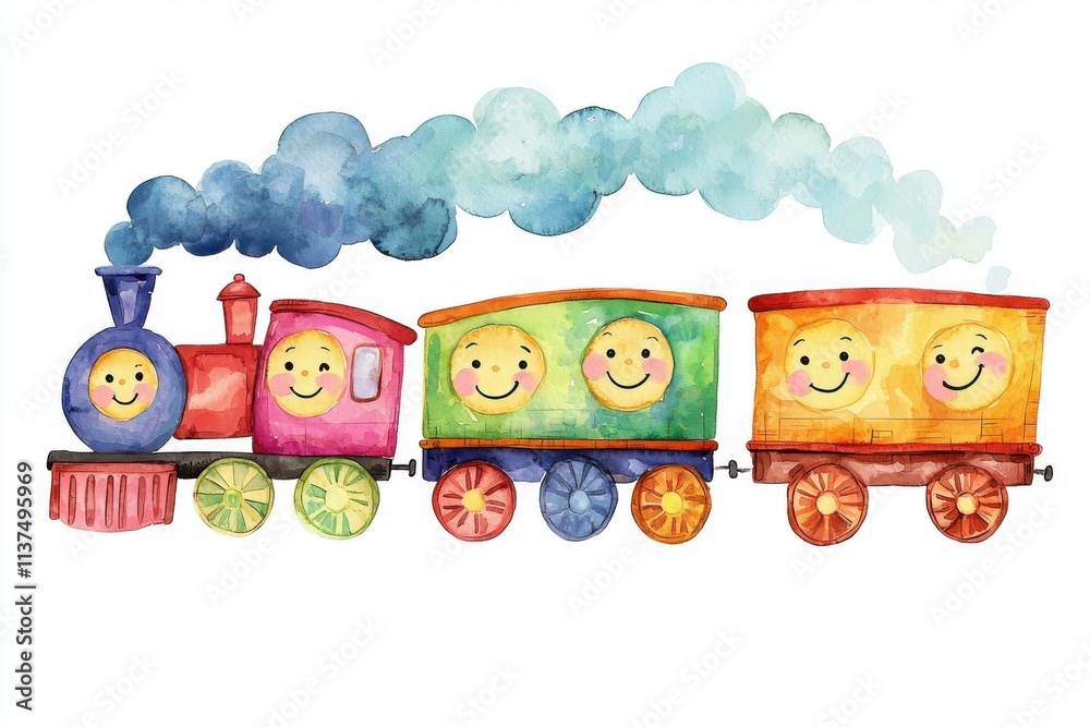 Fototapeta premium Colorful watercolor train with smiling faces, perfect for kids' illustrations and cheerful designs.