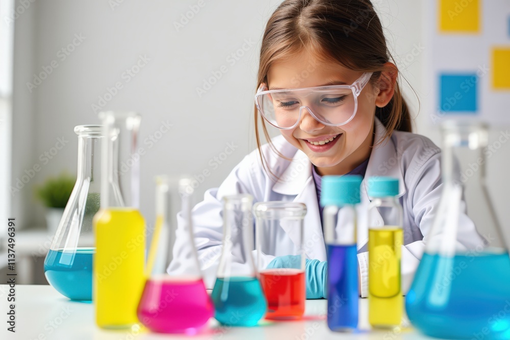 Young Girl in Science Lab with Colorful Beakers and Test Tubes: Perfect for Educational Materials, Science Fair Posters, and Inspiring STEM Learning Resources Young Girl in Science Lab with Colorful Beakers and Test Tubes: Perfect for Educational Materials, Science Fair Posters, and Inspiring STEM Learning Resources