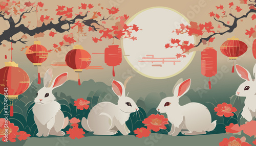 Happy Chinese New Year card with hare. Cute rabbits in the park. Vector illustration.