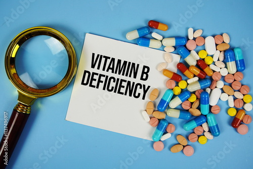 Vitamin B Deficiency text on sticky note paper with Medicine and Maginfying glass on blue background