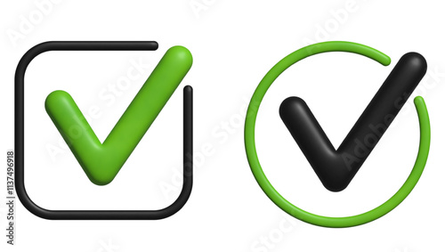 3D Bubble Check mark icon isolated on transparent background. Checkmarks and confirm. Inflatable Baloon Realistic V Check marks for agreement, vote, confirmation, choise.