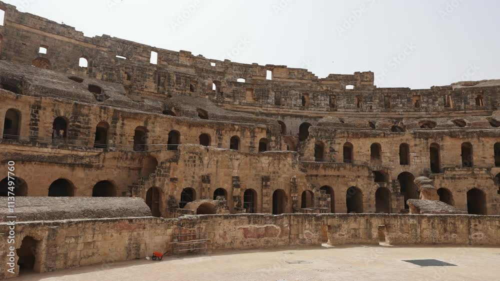Remains of ancient Roman amphitheater in Tunis, El Jam, places of entertainment and entertainment. Legacy of Roman Empire in North Africa. Remains of ancient Roman amphitheater in Tunis, El Jam, places of entertainment and entertainment. Legacy of Roman Empire in North Africa.